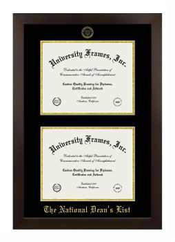 National Dean's List Double Degree (Stacked) Frame in Manhattan Espresso with Black & Gold Mats for document: 8 1/2"h x 11"w  , document: 8 1/2"h x 11"w  