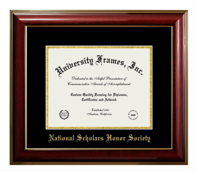 National Scholars Honor Society Diploma Frame in Classic Mahogany with Gold Trim with Black & Gold Mats for DOCUMENT: 8 1/2"H X 11"W  