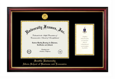 Seattle University Albers School of Business and Economics Diploma with Announcement Frame in Petite Mahogany with Gold Trim with Black & Gold Mats for document: 8 1/2"h x 11"w  , diploma: 7"h x 4"w  