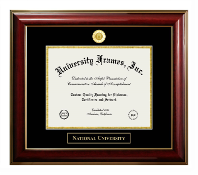 National University Diploma Frame in Classic Mahogany with Gold Trim with Black & Gold Mats for document: 8 1/2"h x 11"w  