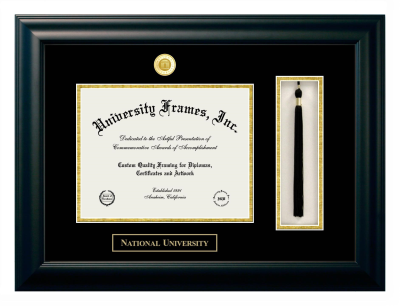 National University Diploma with Tassel Box Frame in Satin Black with Black & Gold Mats for document: 8 1/2"h x 11"w  