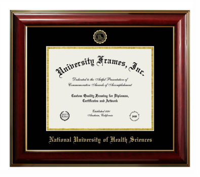 National University of Health Sciences Diploma Frame in Classic Mahogany with Gold Trim with Black & Gold Mats for DOCUMENT: 8 1/2"H X 11"W  