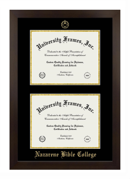 Nazarene Bible College Double Degree (Stacked) Frame in Manhattan Espresso with Black & Gold Mats for document: 8 1/2"h x 11"w  , document: 8 1/2"h x 11"w  
