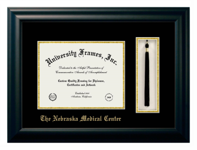 Nebraska Medical Center Diploma with Tassel Box Frame in Satin Black with Black & Gold Mats for DOCUMENT: 8 1/2"H X 11"W  