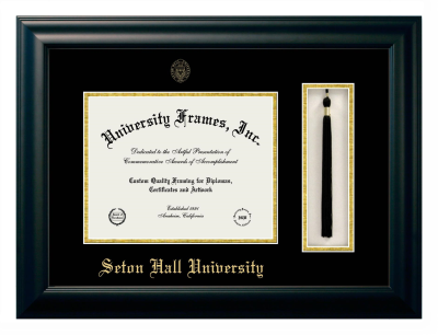 Seton Hall University Diploma with Tassel Box Frame in Satin Black with Black & Gold Mats for document: 8 1/2"h x 11"w  