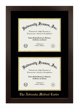 Nebraska Medical Center Double Degree (Stacked) Frame in Manhattan Espresso with Black & Gold Mats for document: 8 1/2"h x 11"w  , document: 8 1/2"h x 11"w  
