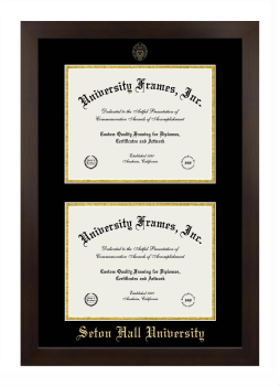 Seton Hall University Double Degree (Stacked) Frame in Manhattan Espresso with Black & Gold Mats for DOCUMENT: 8 1/2"H X 11"W  , DOCUMENT: 8 1/2"H X 11"W  
