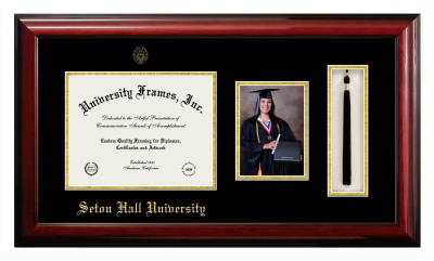 Seton Hall University Diploma with 5 x 7 Portrait & Tassel Box Frame in Classic Mahogany with Black & Gold Mats for document: 8 1/2"h x 11"w  