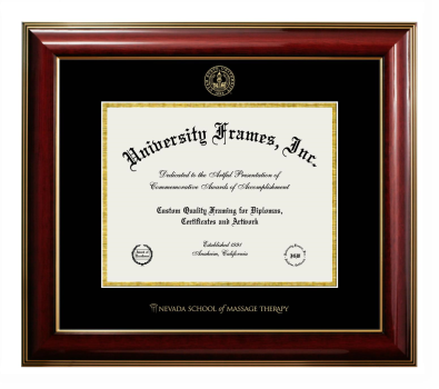 Nevada School of Massage Therapy Diploma Frame in Classic Mahogany with Gold Trim with Black & Gold Mats for document: 8 1/2"h x 11"w  
