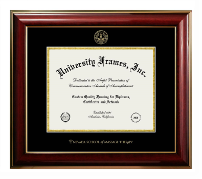 Nevada School of Massage Therapy Diploma Frame in Classic Mahogany with Gold Trim with Black & Gold Mats for DOCUMENT: 8 1/2"H X 11"W  