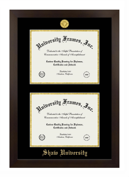 Shaw University Double Degree (Stacked) Frame in Manhattan Espresso with Black & Gold Mats for document: 8 1/2"h x 11"w  , document: 8 1/2"h x 11"w  