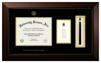 Nevada School of Massage Therapy Diploma with Announcement & Tassel Box Frame in Legacy Black Cherry with Black & Gold Mats for document: 8 1/2"h x 11"w  , diploma: 7"h x 4"w  