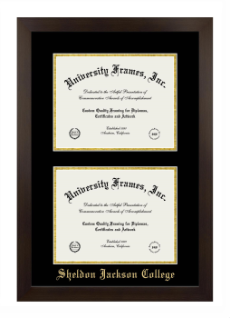 Sheldon Jackson College Double Degree (Stacked) Frame in Manhattan Espresso with Black & Gold Mats for document: 8 1/2"h x 11"w  , document: 8 1/2"h x 11"w  