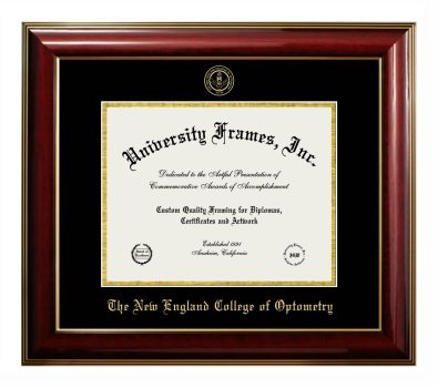 New England College of Optometry Diploma Frame in Classic Mahogany with Gold Trim with Black & Gold Mats for document: 8 1/2"h x 11"w  