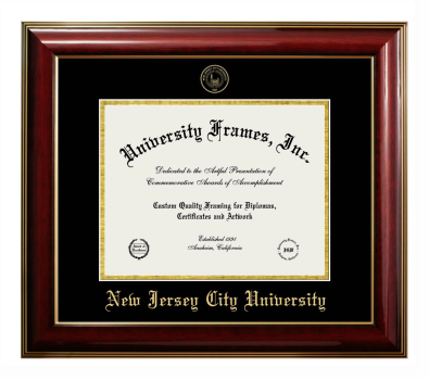New Jersey City University Diploma Frame in Classic Mahogany with Gold Trim with Black & Gold Mats for DOCUMENT: 8 1/2"H X 11"W  