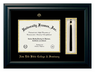 New Life Bible College & Seminary Diploma with Tassel Box Frame in Satin Black with Black & Gold Mats for document: 8 1/2"h x 11"w  