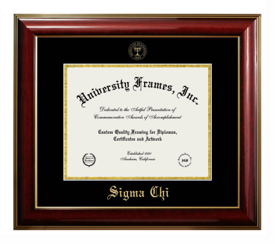 Sigma Chi Diploma Frame in Classic Mahogany with Gold Trim with Black & Gold Mats for DOCUMENT: 8 1/2"H X 11"W  