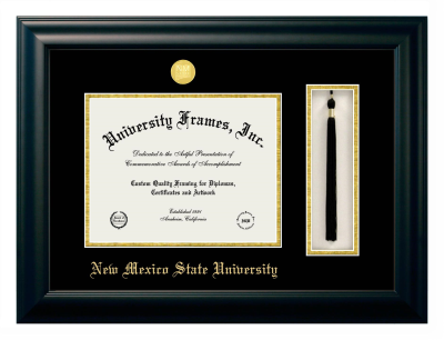 New Mexico State University Diploma with Tassel Box Frame in Satin Black with Black & Gold Mats for DOCUMENT: 8 1/2"H X 11"W  