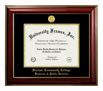 Sinclair Community College Business & Public Services Diploma Frame in Classic Mahogany with Gold Trim with Black & Gold Mats for DOCUMENT: 8 1/2"H X 11"W  