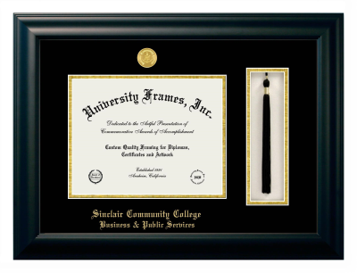 Sinclair Community College Business & Public Services Diploma with Tassel Box Frame in Satin Black with Black & Gold Mats for document: 8 1/2"h x 11"w  