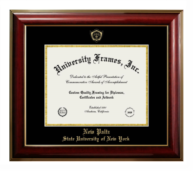 New Paltz State University of New York Diploma Frame in Classic Mahogany with Gold Trim with Black & Gold Mats for DOCUMENT: 8 1/2"H X 11"W  