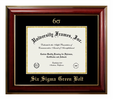 Six Sigma Green Belt Diploma Frame in Classic Mahogany with Gold Trim with Black & Gold Mats for document: 8 1/2"h x 11"w  