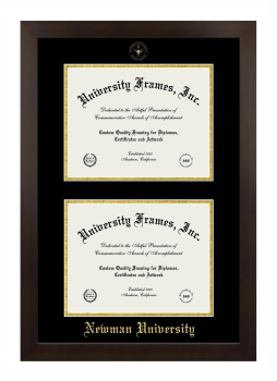 Newman University Double Degree (Stacked) Frame in Manhattan Espresso with Black & Gold Mats for document: 8 1/2"h x 11"w  , document: 8 1/2"h x 11"w  