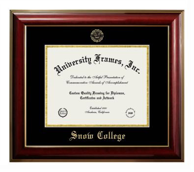 Snow College Diploma Frame in Classic Mahogany with Gold Trim with Black & Gold Mats for document: 8 1/2"h x 11"w  