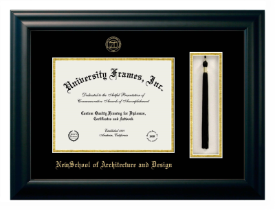 NewSchool of Architecture and Design Diploma with Tassel Box Frame in Satin Black with Black & Gold Mats for document: 8 1/2"h x 11"w  