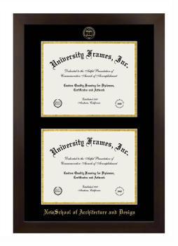NewSchool of Architecture and Design Double Degree (Stacked) Frame in Manhattan Espresso with Black & Gold Mats for document: 8 1/2"h x 11"w  , document: 8 1/2"h x 11"w  