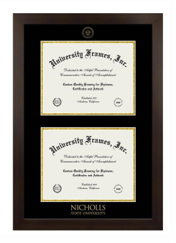 Nicholls State University Double Degree (Stacked) Frame in Manhattan Espresso with Black & Gold Mats for document: 8 1/2"h x 11"w  , document: 8 1/2"h x 11"w  
