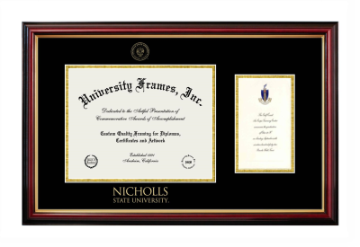Nicholls State University Diploma with Announcement Frame in Petite Mahogany with Gold Trim with Black & Gold Mats for document: 8 1/2"h x 11"w  , diploma: 7"h x 4"w  