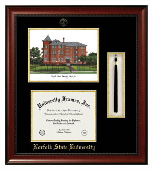 Norfolk State University Double Opening with Campus Image & Tassel Box (Stacked) Frame in Avalon Mahogany with Black & Gold Mats for document: 8 1/2"h x 11"w  