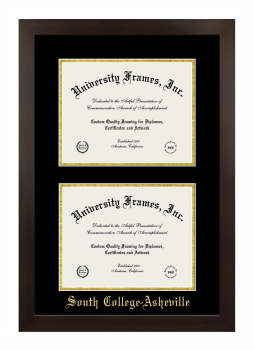 South College-Asheville Double Degree (Stacked) Frame in Manhattan Espresso with Black & Gold Mats for document: 8 1/2"h x 11"w  , document: 8 1/2"h x 11"w  