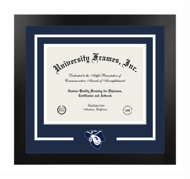 South Dakota School of Mines & Technology Logo Mat Frame in Manhattan Black with Navy Blue & White Mats for document: 8 1/2"h x 11"w  