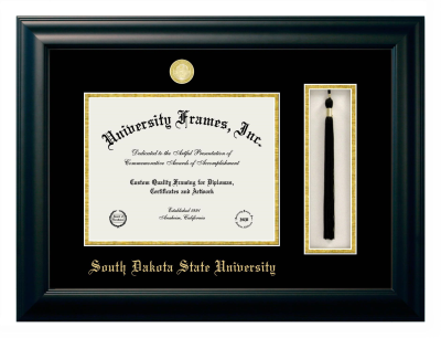 South Dakota State University Diploma with Tassel Box Frame in Satin Black with Black & Gold Mats for DOCUMENT: 8 1/2"H X 11"W  