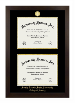 South Dakota State University College of Nursing Double Degree (Stacked) Frame in Manhattan Espresso with Black & Gold Mats for document: 8 1/2"h x 11"w  , document: 8 1/2"h x 11"w  