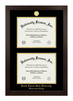 South Dakota State University University College Double Degree (Stacked) Frame in Manhattan Espresso with Black & Gold Mats for document: 8 1/2"h x 11"w  , document: 8 1/2"h x 11"w  