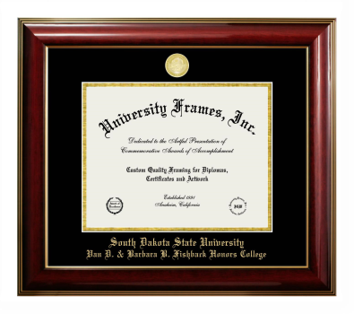 South Dakota State University Van D. & Barbara B. Fishback Honors College Diploma Frame in Classic Mahogany with Gold Trim with Black & Gold Mats for document: 8 1/2"h x 11"w  