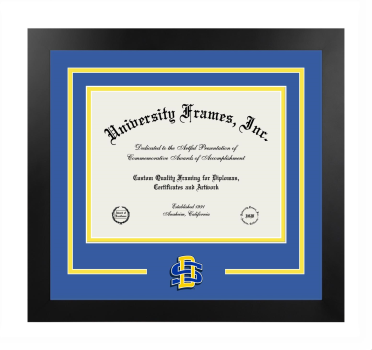 South Dakota State University Van D. & Barbara B. Fishback Honors College Logo Mat Frame in Manhattan Black with Royal Blue & Yellow Mats for document: 8 1/2"h x 11"w  