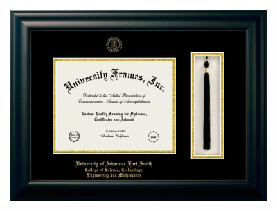 University of Arkansas Fort Smith College of Science, Technology, Engineering and Mathematics Diploma with Tassel Box Frame in Satin Black with Black & Gold Mats for DOCUMENT: 8 1/2"H X 11"W  