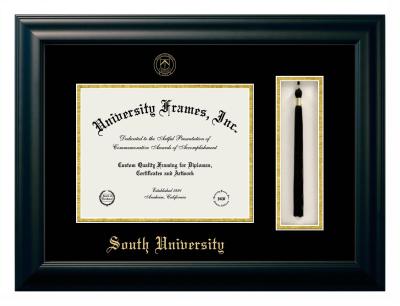 South University Diploma with Tassel Box Frame in Satin Black with Black & Gold Mats for document: 8 1/2"h x 11"w  