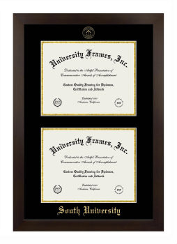 South University Double Degree (Stacked) Frame in Manhattan Espresso with Black & Gold Mats for document: 8 1/2"h x 11"w  , document: 8 1/2"h x 11"w  