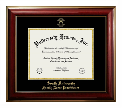 South University Family Nurse Practitioner Diploma Frame in Classic Mahogany with Gold Trim with Black & Gold Mats for DOCUMENT: 8 1/2"H X 11"W  