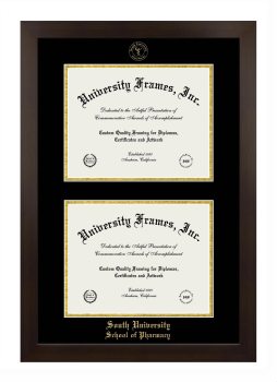 South University School of Pharmacy (Savannah) Double Degree (Stacked) Frame in Manhattan Espresso with Black & Gold Mats for document: 8 1/2"h x 11"w  , document: 8 1/2"h x 11"w  