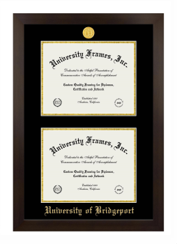 University of Bridgeport Double Degree (Stacked) Frame in Manhattan Espresso with Black & Gold Mats for document: 8 1/2"h x 11"w  , document: 8 1/2"h x 11"w  