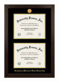 Southeast Missouri State University Double Degree (Stacked) Frame in Manhattan Espresso with Black & Gold Mats for document: 8 1/2"h x 11"w  , document: 8 1/2"h x 11"w  