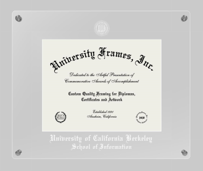 University of California Berkeley School of Information Lucent Clear-over-Clear Frame in Lucent Clear Moulding with Lucent Clear Mat for document: 8 1/2"h x 11"w  