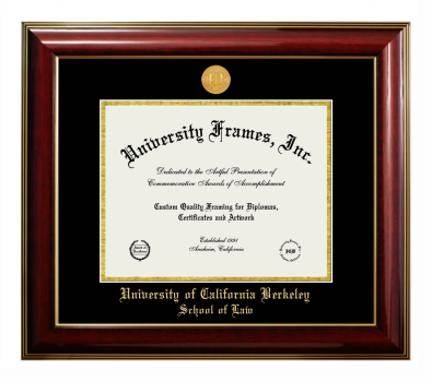 University of California Berkeley School of Law Diploma Frame in Classic Mahogany with Gold Trim with Black & Gold Mats for DOCUMENT: 8 1/2"H X 11"W  