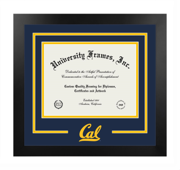 University of California Berkeley School of Law Logo Mat Frame in Manhattan Black with Navy Blue & Amber Mats for document: 8 1/2"h x 11"w  